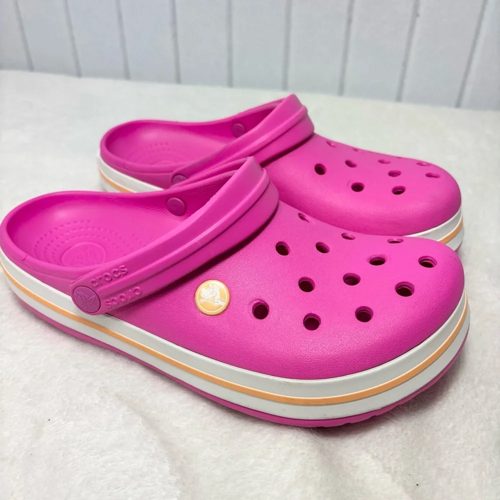 Crocs Crocband Girl's Clogs Bubble Gum Pink With Yellow Stripe Band Size J 6